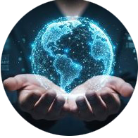 a man holding a digital image of the earth in his hand