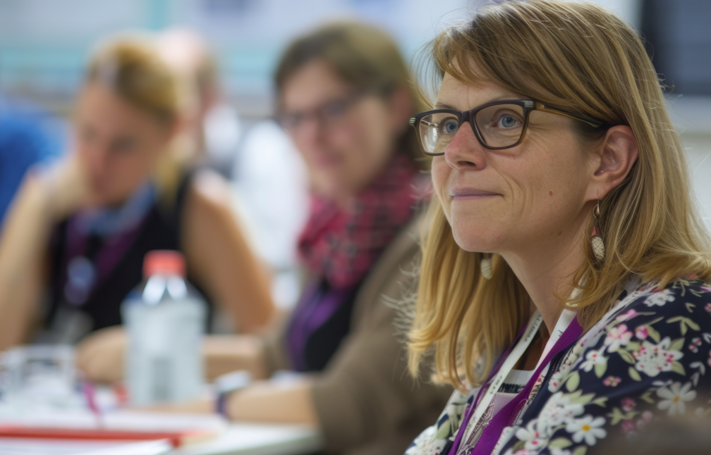 A woman looking forward at a research conference, this is a close up shot