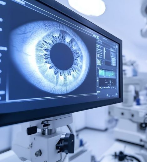 A computer screen, showing an scan of a patients eye
